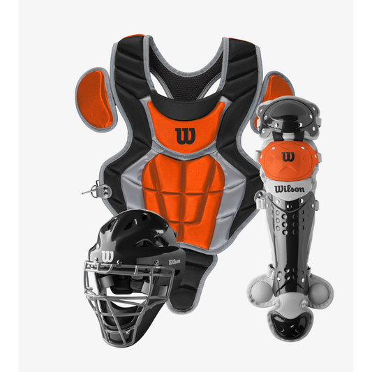 Team Issued New York Mets Catcher Gear - Blue and Orange Wilson Model -  Includes Mask, Shinguards, Chest Protector, Helmet and Bag - 2017 Season